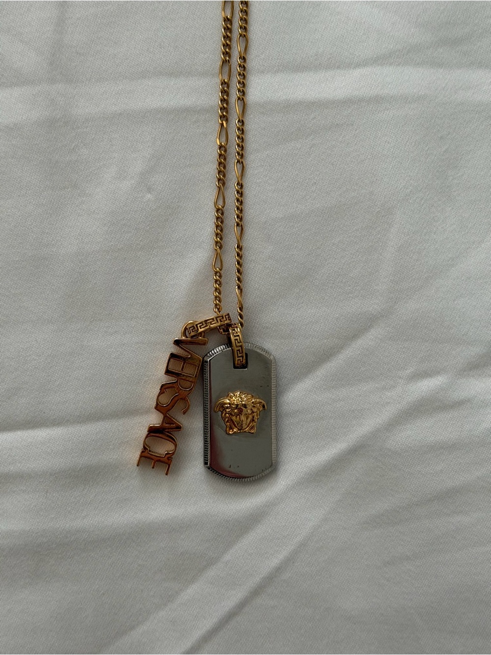 Versace Two-Tone Medusa Dog Tag Necklace in Gold and Silver